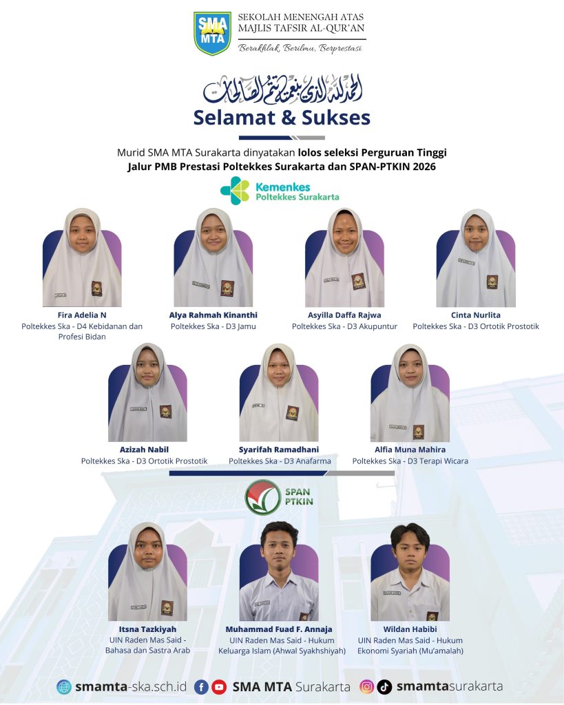 Murid SMA MTA yang lolos seleksi Perguruan Tinggi Negeri pada jalur PMB Prestasi Poltekkes Surakarta dan SPAN-PTKIN Tahun 2026